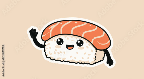 Cute Cartoon Salmon Nigiri Sushi Waving Hello.