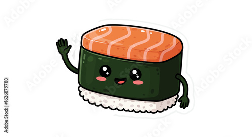 Cute Salmon Nigiri Sushi Character Waving Hello.