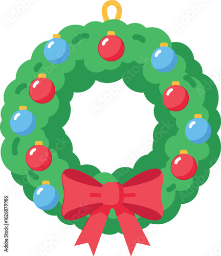 A festive green christmas wreath adorned with red and blue baubles and a prominent red bow perfect for holiday decorations and seasonal greetings