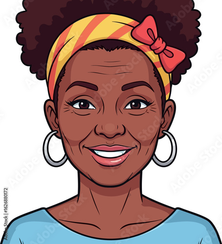 Close up portrait of a smiling african american senior woman with curly hair wearing a colorful headband and hoop earrings looking at the camera