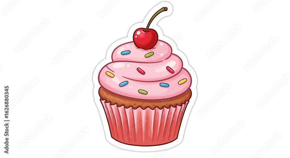 Cartoon Cupcake with Pink Frosting and Cherry Topping Illustration. Cartoon Cupcake with Pink Frosting and Cherry Topping Illustration.
