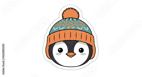 Cartoon Penguin Head with Winter Hat and Pom-Pom Illustration.