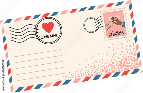 Vintage airmail envelope with a red heart stamp and postmarks conveying love and affection for romantic correspondence and communication