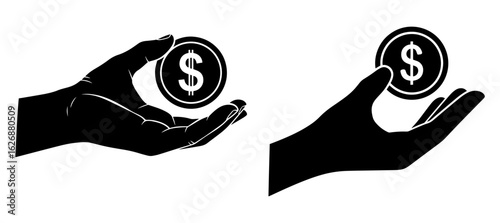 Vector art of black silhouette of a hand holding a dollar coin isolated on white background