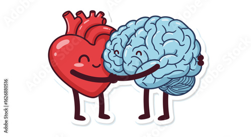Cartoon Heart and Brain Embracing Symbolizing Emotional and Rational Balance.