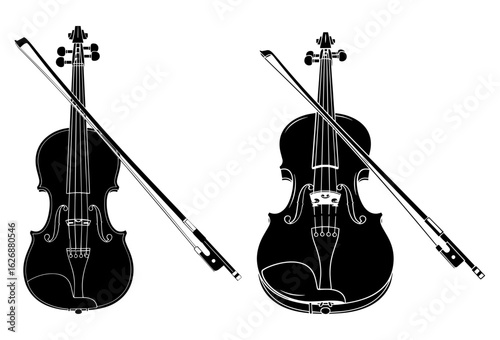 Vector art of two violins with bows isolated on white background