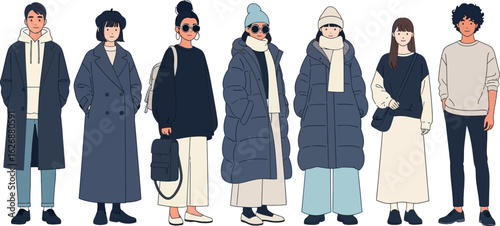A diverse group of fashionable individuals showcasing stylish winter outfits and modern streetwear trends in a clean illustration