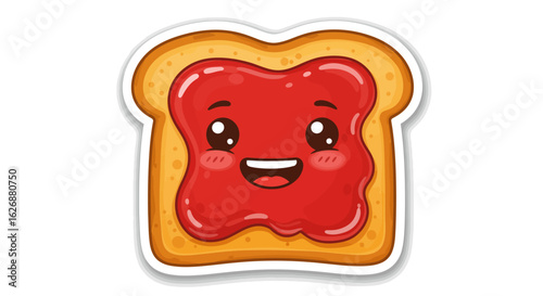 Cute Cartoon Toast with Smiling Strawberry Jam Character.