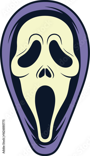 Iconic scream mask character with a distressed facial expression and dark hollow eyes set against a purple background in a stylized graphic design