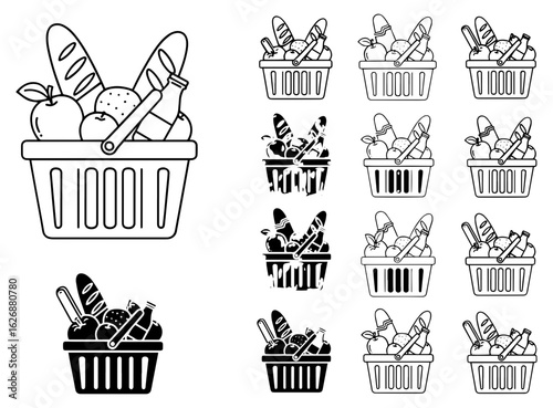 Vector art of collection of shopping baskets filled with groceries and food items, isolated on white background