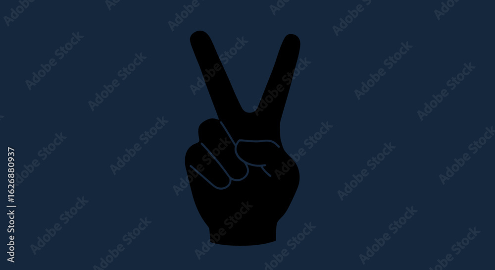 Obraz premium Black Hand Silhouette Making a Peace Sign on Dark Blue Background.