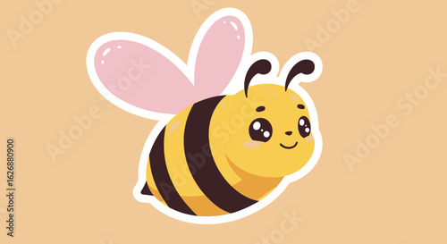 Cute Cartoon Bee with Pink Wings and Black Stripes Illustration.