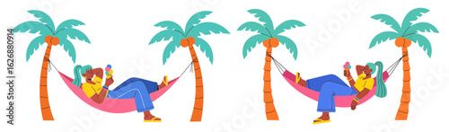 Vector art of two people relaxing in hammocks strung between palm trees on a beach
