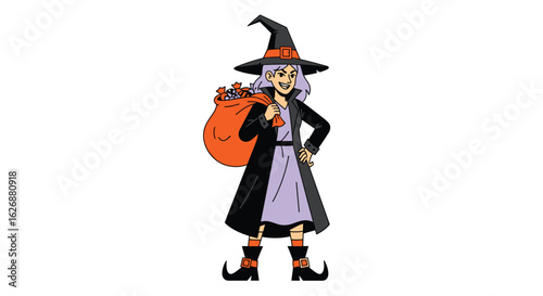 Whimsical Witch Carrying Harvest Bounty Bag and Wearing Festive Autumn Attire