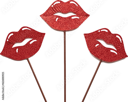 Three sparkling red glitter lips on sticks a fun and festive prop for parties celebrations or photo booth fun conveying romance and glamour