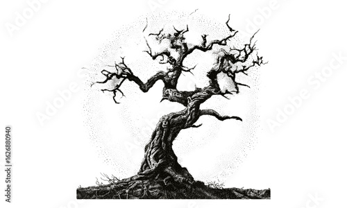 Vintage stippling collage of old tree with creepy Halloween vibe. Psychedelic surreal retro vector poster with experimental grunge dotted texture and halftone effect, horror design
