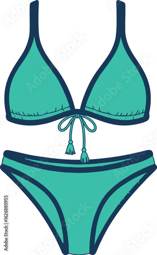 A vibrant turquoise teal two piece bikini swimsuit with dark navy blue trim and a tie front top and classic bikini bottom isolated on a white background