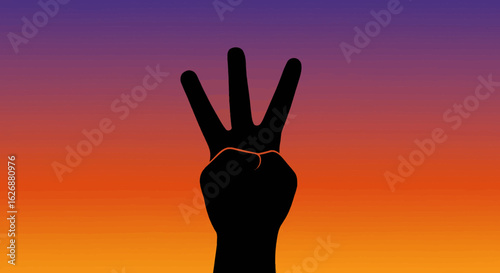 Silhouette Hand Showing Three Fingers Against Gradient Sky.