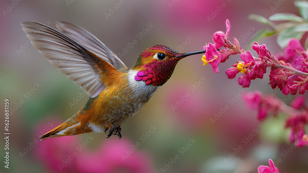 Fototapeta premium Colorful Hummingbird with Iridescent Feathers Hovering to Feed on Vibrant Pink Flower