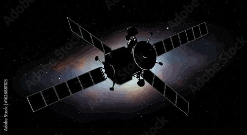 Silhouette of a Satellite with Solar Panels Against a Starry Nebula.