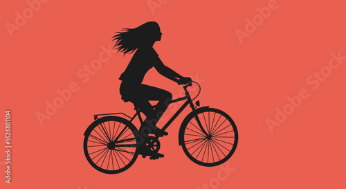Silhouette of a Woman Riding a Bicycle on a Coral Background.