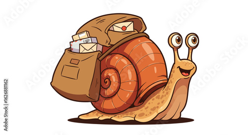 Cartoon Snail Mail Carrier with Bag Full of Letters.