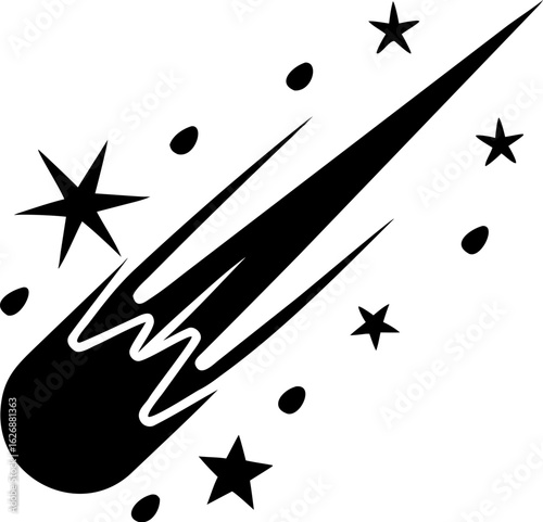 Silhouette of Comet with Long Tail and Surrounding Stars in Motion