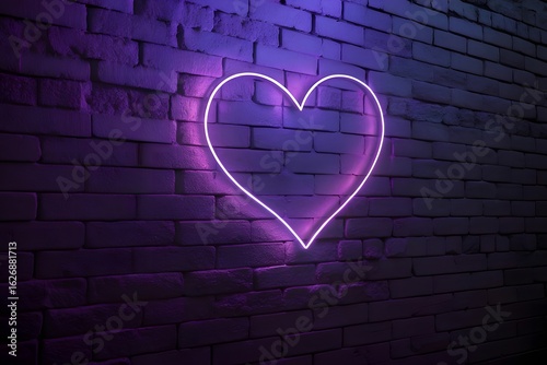 Neon heart glowing on a purple brick wall creating a romantic and modern ambiance in the scene