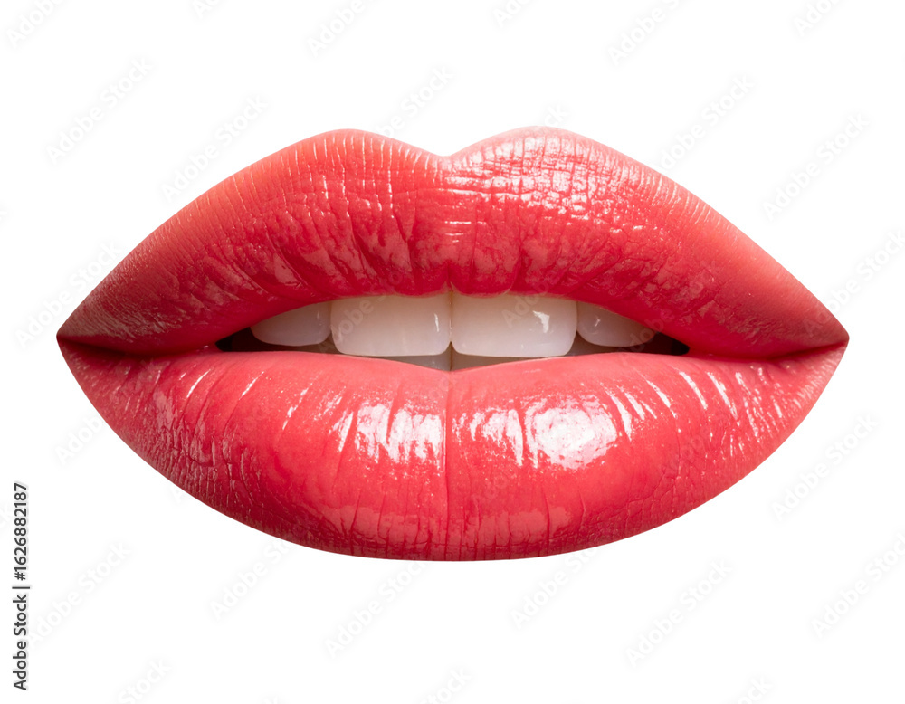 Obraz premium Glossy Red Lips Slightly Parted with Visible Teeth, High-Gloss Shine, Transparent PNG