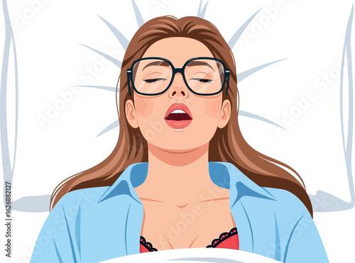 Overwhelmed woman in bed wearing large glasses with mouth open and eyes closed exhausted from studying or working late
