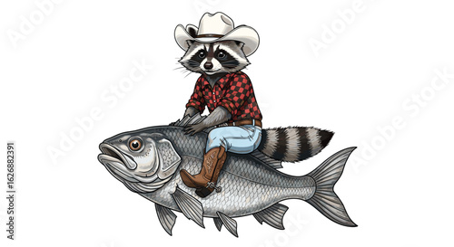 Whimsical Raccoon Cowboy Riding a Giant Fish Adventure