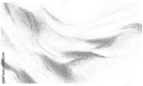 Soft flowing dust over organic grain pattern with stipple distortion. Monochrome rippled texture and grain noise background. Vector abstract design with retro spray paint and paper grain effect