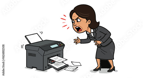 Vector of a businesswoman shouting at a broken printer – plain white background