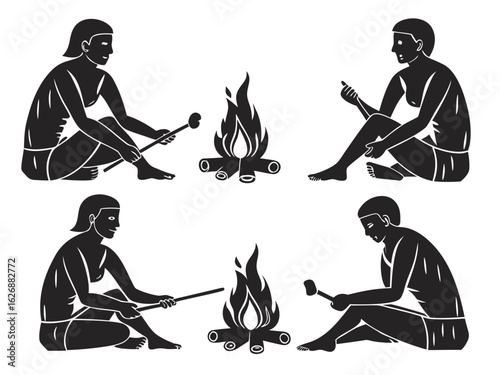 People Around Campfire Roasting Food Silhouette Style Illustration