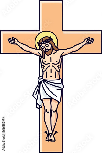 Illustration of jesus christ on the cross with a halo above his head and a loincloth around his waist against a white background
