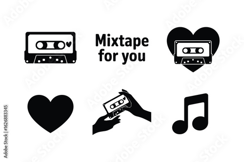 Cassette tape heart music and hands icons music note mixtape