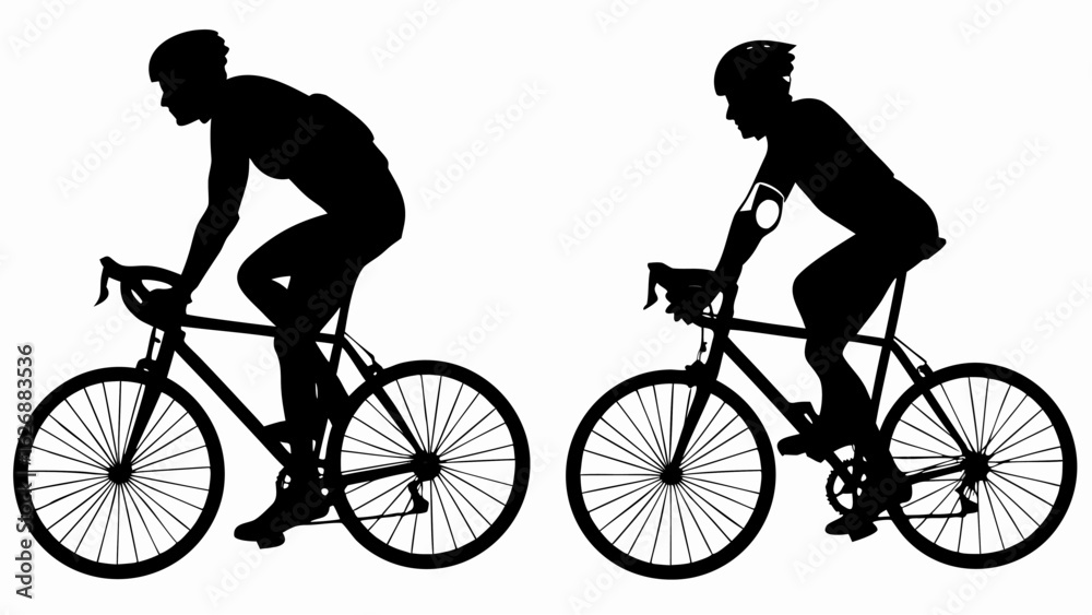 Obraz premium Two cyclists in silhouette riding bicycles with helmets and athletic gear on a white background image