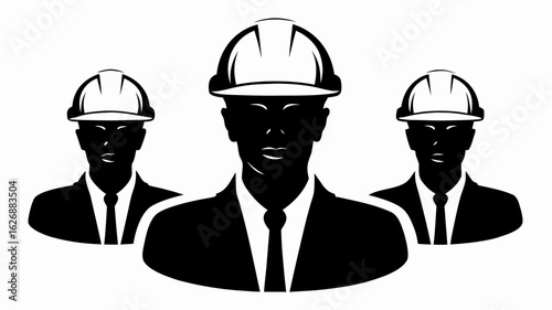 Three construction workers wearing hard hats and suits in black and white illustration showing teamwork and safety silhouette