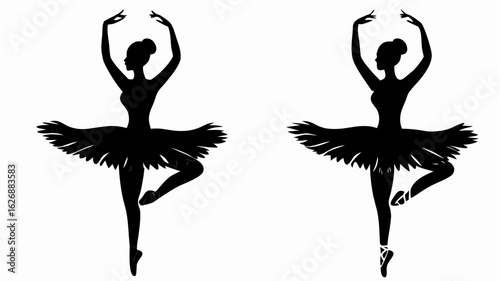 Two ballerina silhouettes in elegant poses with arms raised and wearing tutus on a white background