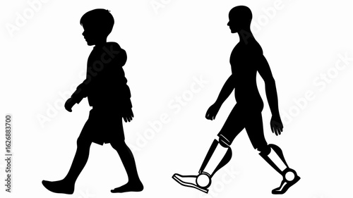 Silhouette illustration of a child walking and a person with prosthetic legs walking side by side view