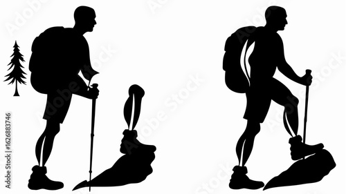 Silhouette illustration of two hikers with backpacks and trekking poles on a white background scene