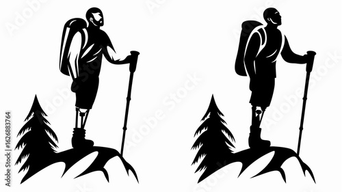 Silhouette of a hiker with backpack and prosthetic leg standing on a hill with trees in black and white
