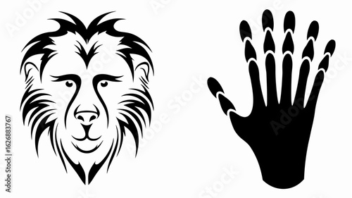 Stylized lion face with mane and tribal design next to a black hand with claw like fingernails silhouette