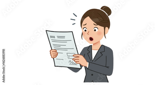 Vector of a businesswoman staring at a bill in shock – plain white background