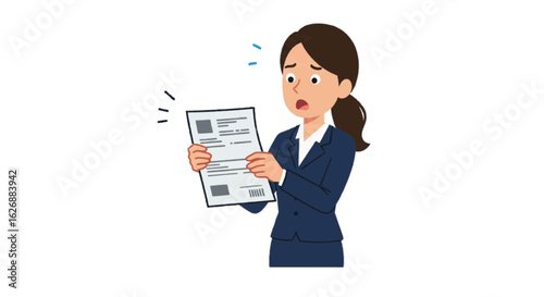 Vector of a businesswoman staring at a bill in shock – plain white background
