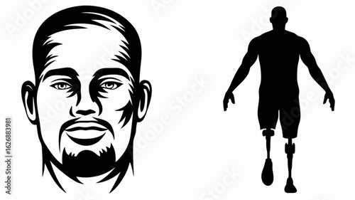 Illustration of a man's face with a beard and a silhouette of a man with prosthetic legs standing