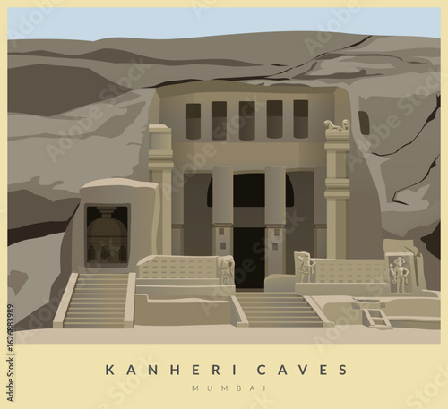 Kanheri Caves - Brovali - Mumbai - Stock Illustration