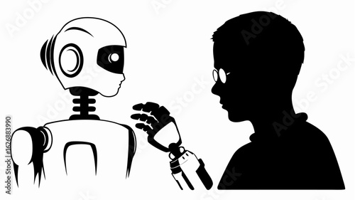 Silhouette of a person with glasses reaching out to a robot with a robotic arm in black and white