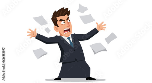 Vector of a businessman throwing papers in frustration – plain white background