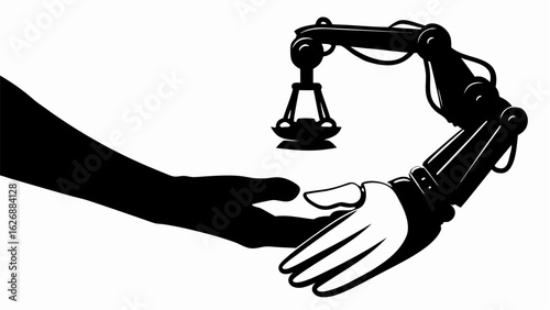 A human hand reaching towards a robotic hand with a robotic arm holding a claw machine toy crane above silhouette